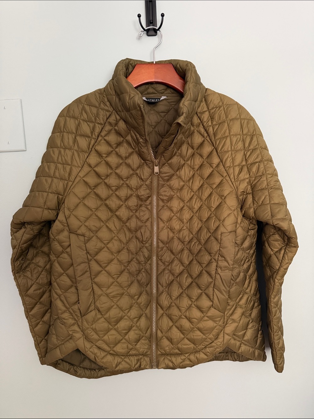 Athleta Quilted Zip-Front High-Low Hem Coat in Olive